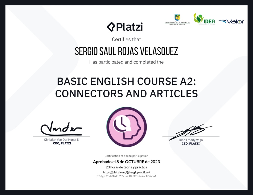 Diploma del Curso de Inglés Básico A2: Conectores y Artículos
