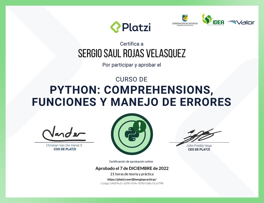 Diploma del Curso de Python: Comprehensions, Funciones y Manejo de Errores