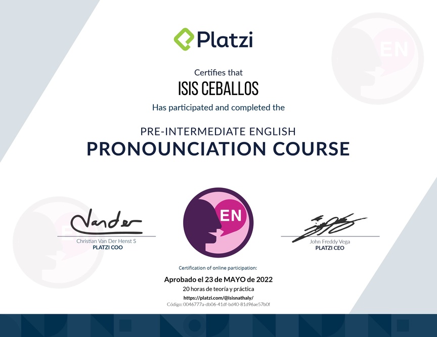 Diploma del Curso de Inglés Práctico: Pronunciación 2020