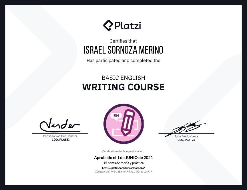 Diploma del Curso Básico de Escritura en Inglés