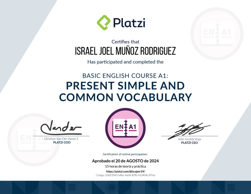 Diploma del Curso de Inglés Básico A1: Presente Simple y Vocabulario Común (2021)