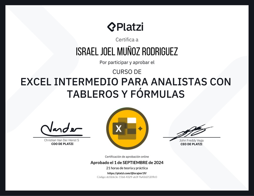 Diploma del Curso de Excel Intermedio para Analistas con Tableros y Fórmulas