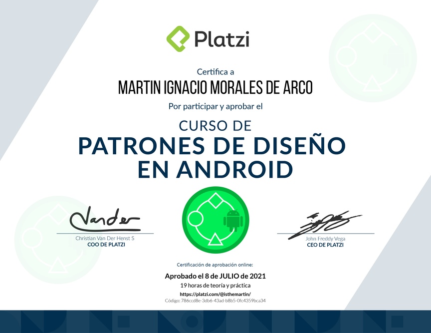 Diploma del Curso de Patrones de Diseño en Android