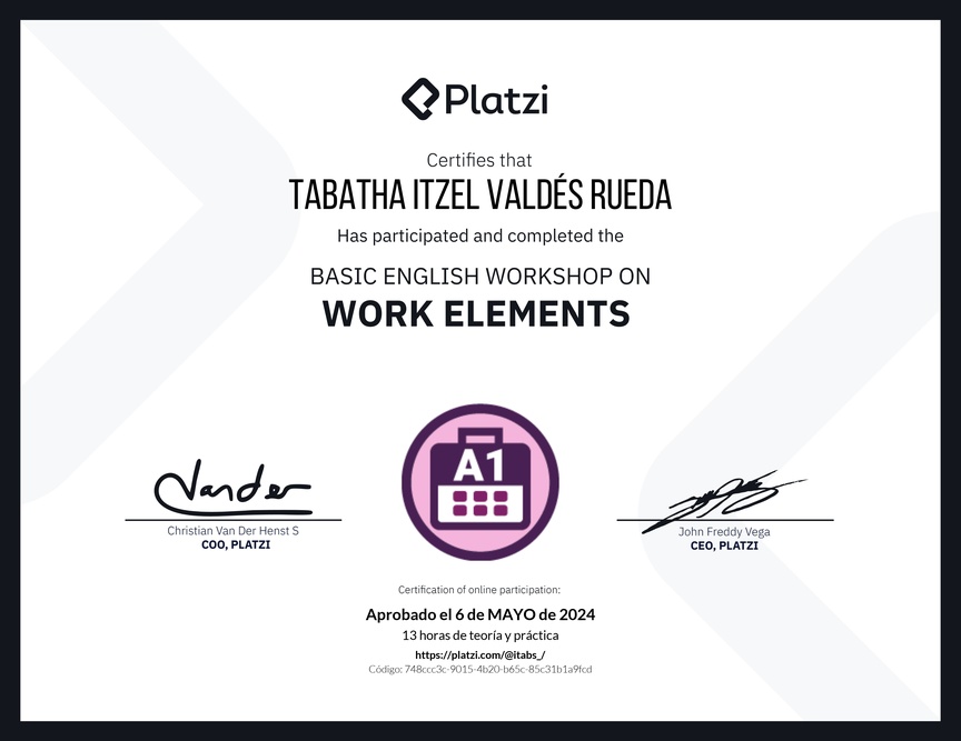Diploma del Curso de Inglés Práctico sobre Elementos de Trabajo