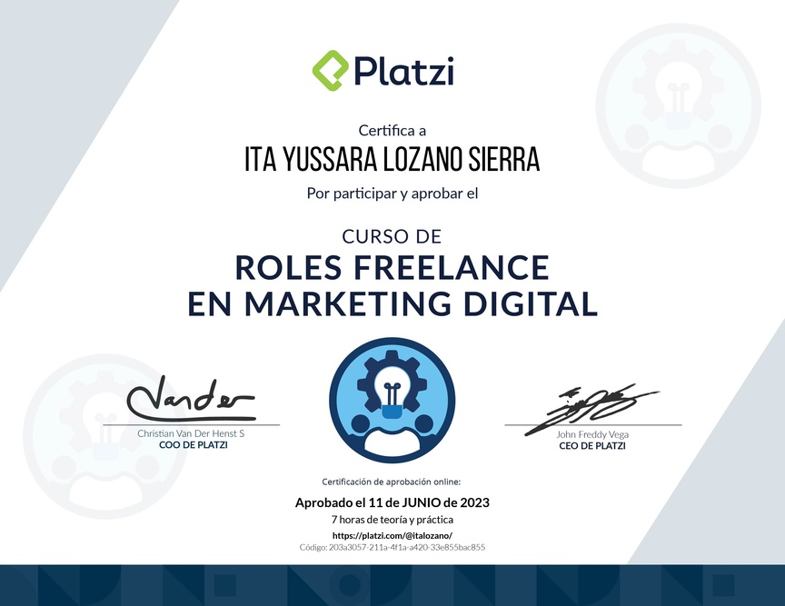 Diploma del Curso para Trabajar en Marketing como Freelance
