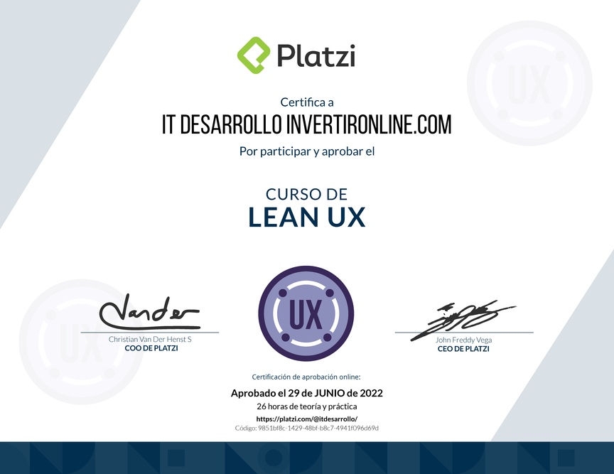 Diploma del Curso de Lean UX Práctico