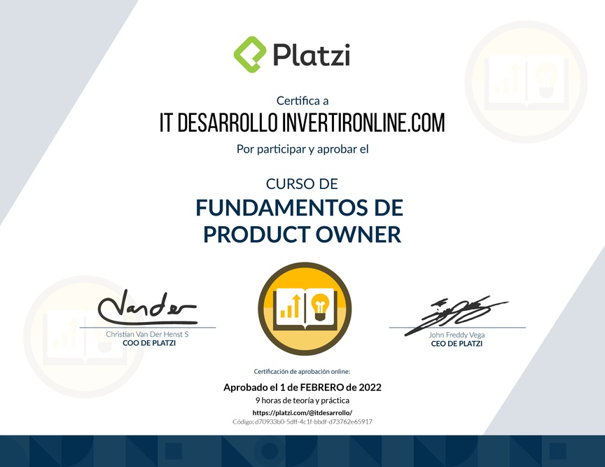 Diploma del Curso de Fundamentos de Product Owner
