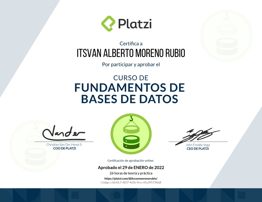 Diploma del Curso de Fundamentos de Bases de Datos 2019