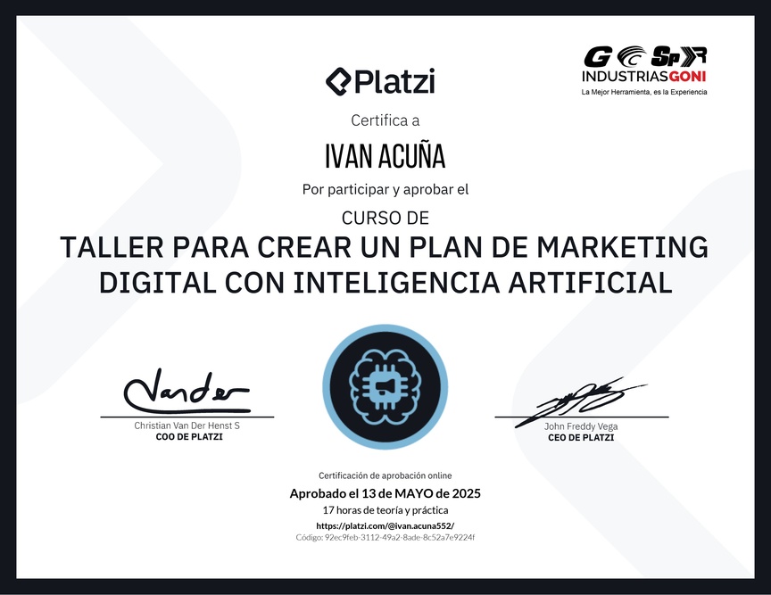 Diploma de Taller para Crear un Plan de Marketing Digital con Inteligencia Artificial