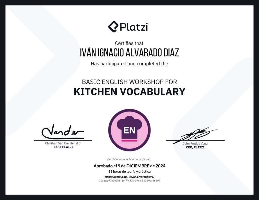 Diploma del Curso de Inglés Práctico sobre Vocabulario de Cocina