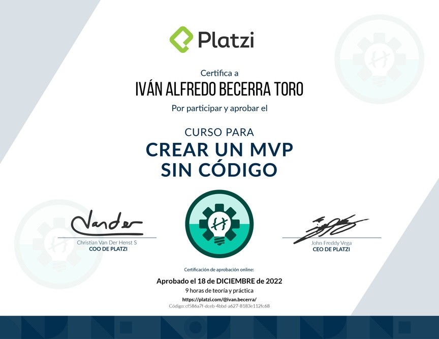 Diploma del Curso para Crear un MVP sin Código