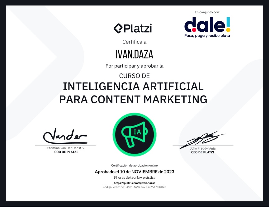 Diploma del Curso de Inteligencia Artificial para Content Marketing