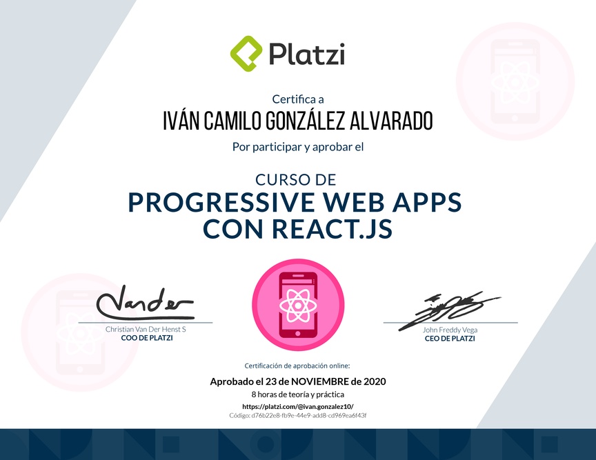 Diploma del Curso de Progressive Web Apps con React.js