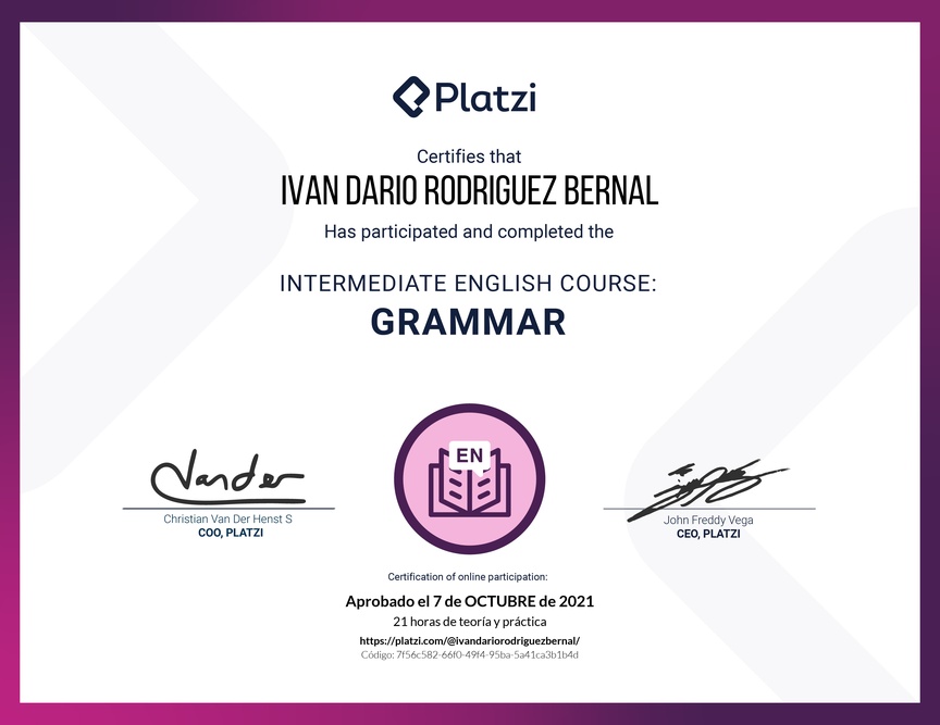 Diploma del Curso Intermedio de Gramática en Inglés (2020)
