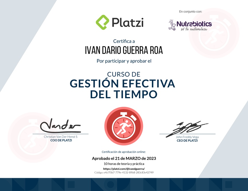 Diploma del Curso de Gestión Efectiva del Tiempo