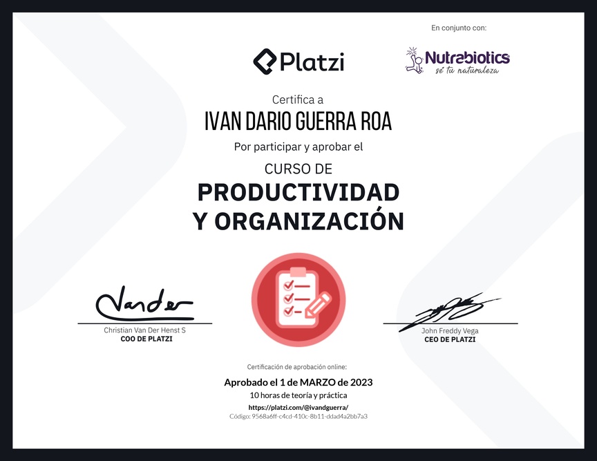 Diploma del Curso de Productividad y Organización