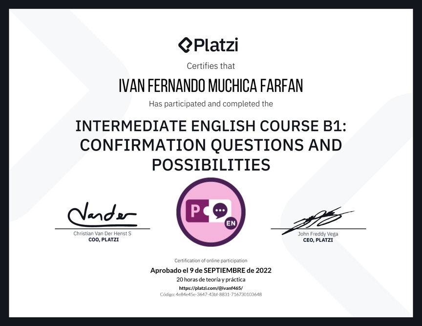 Diploma del Curso de Inglés Intermedio B1: Preguntas de Confirmación y Posibilidades