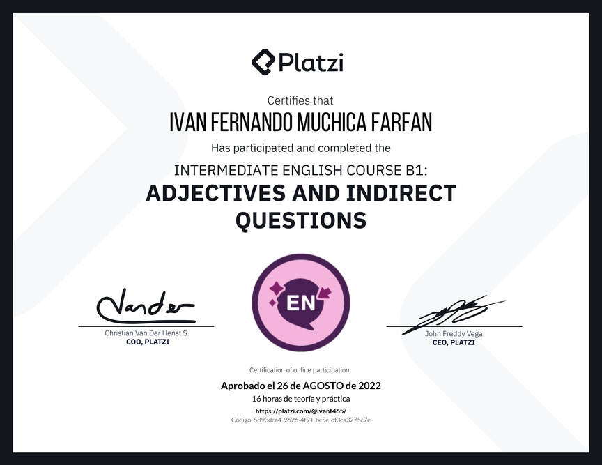 Diploma del Curso de Inglés Intermedio: Adjetivos y Preguntas Indirectas (2021)