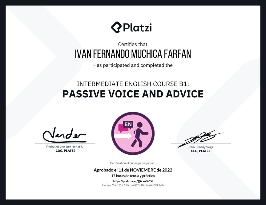 Diploma del Curso de Inglés Intermedio: Voz Pasiva y Consejos (2021)