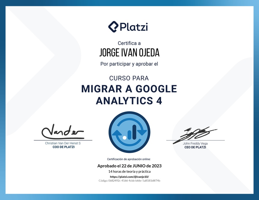 Diploma del Curso de Migración de Datos a Google Analytics 4