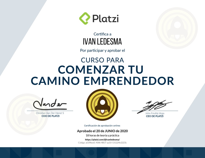 Diploma del Curso para Comenzar tu Camino Emprendedor