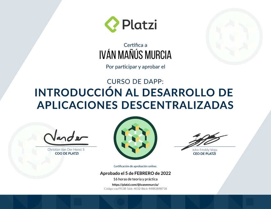 Diploma del Curso de Dapps: Introducción al Desarrollo de Aplicaciones Descentralizadas