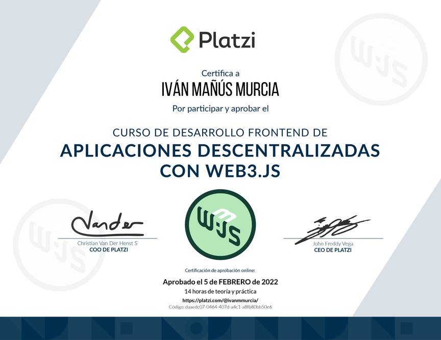 Diploma del Curso de Desarrollo Frontend de Aplicaciones Descentralizadas con Web3.Js