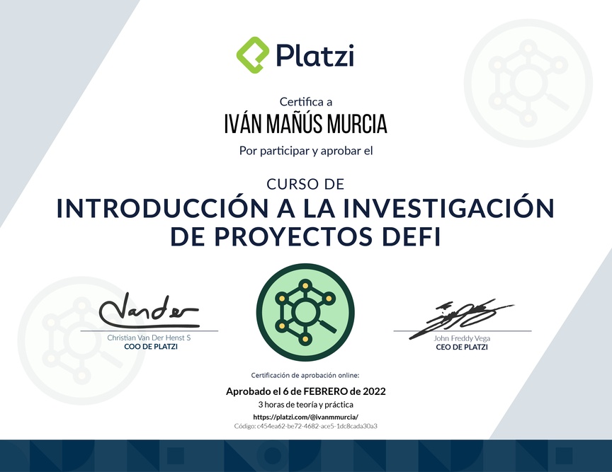Diploma de Minicurso de Introducción a la Investigación de Proyectos DeFi