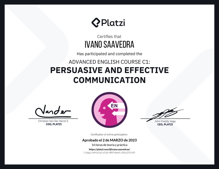 Diploma del Curso de Inglés Avanzado: Comunicación Persuasiva y Efectiva (2021)