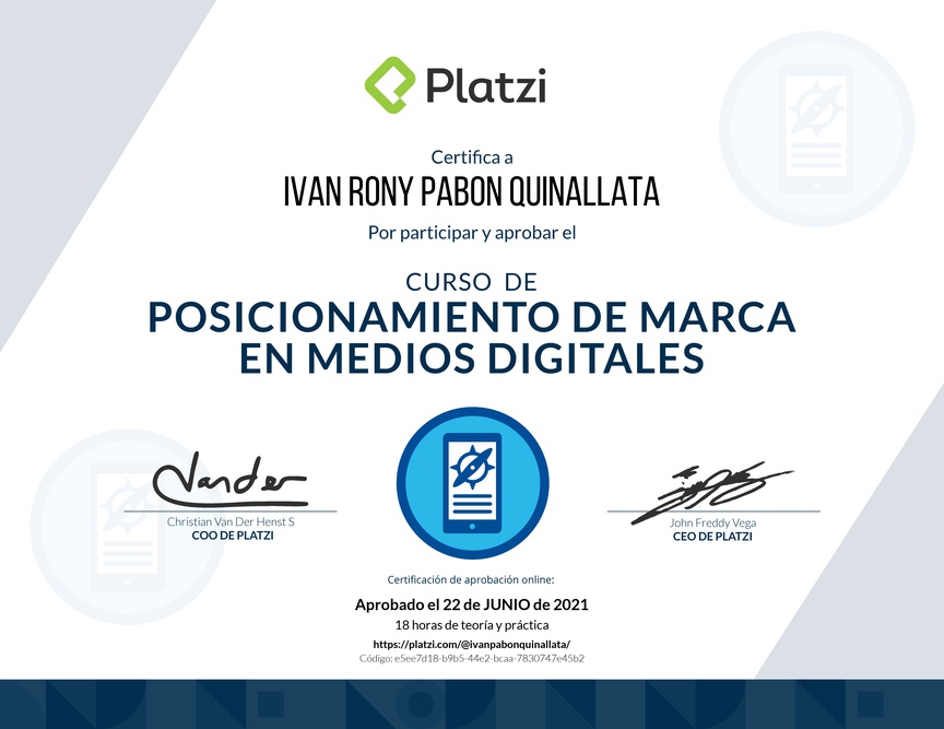 Diploma del Curso de Posicionamiento de Marca en Medios Digitales