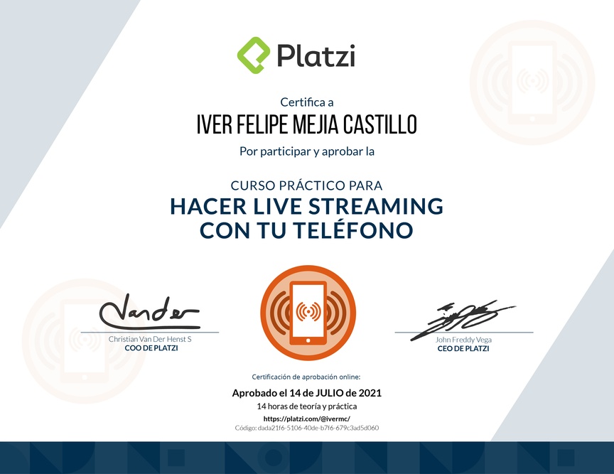 Diploma del Curso para Transmitir en vivo con tu Teléfono