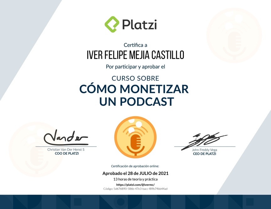 Diploma del Curso sobre Cómo Monetizar un Podcast