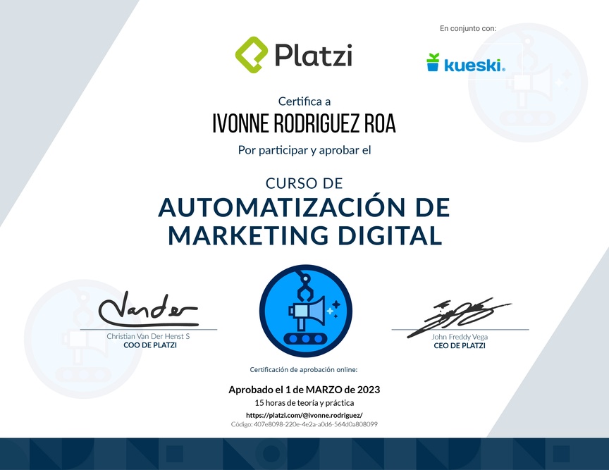 Diploma del Curso de Automatización de Marketing Digital
