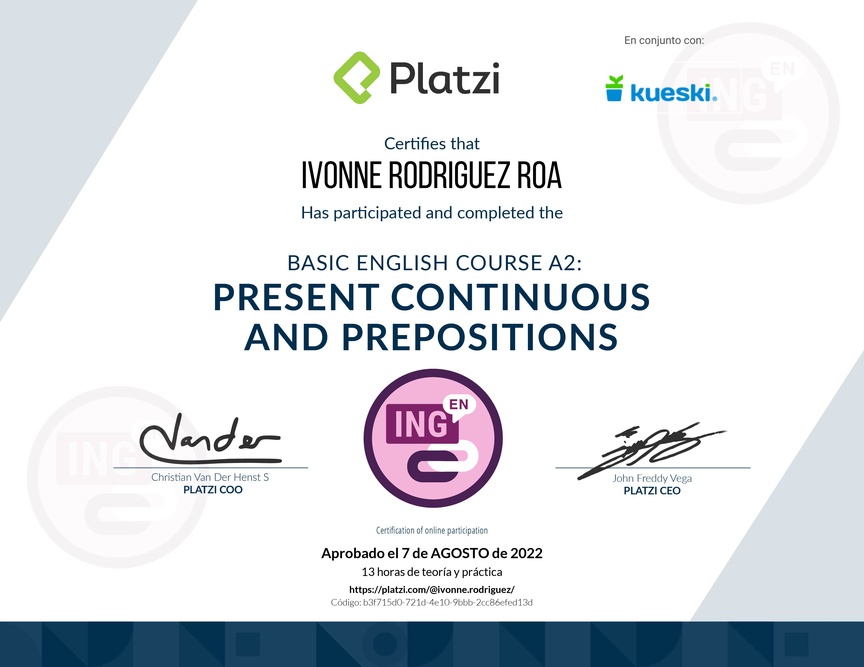 Diploma del Curso de Inglés Básico A2: Preposiciones y Presente Continuo (2021)