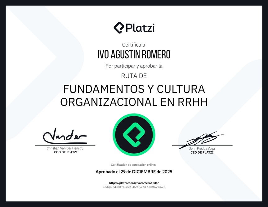 Diploma de la Ruta de Aprendizaje de Fundamentos y Cultura Organizacional en RRHH
