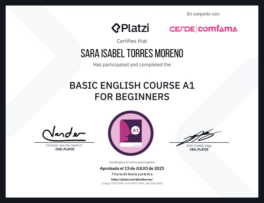 Diploma del Curso de Inglés Básico A1 para Principiantes