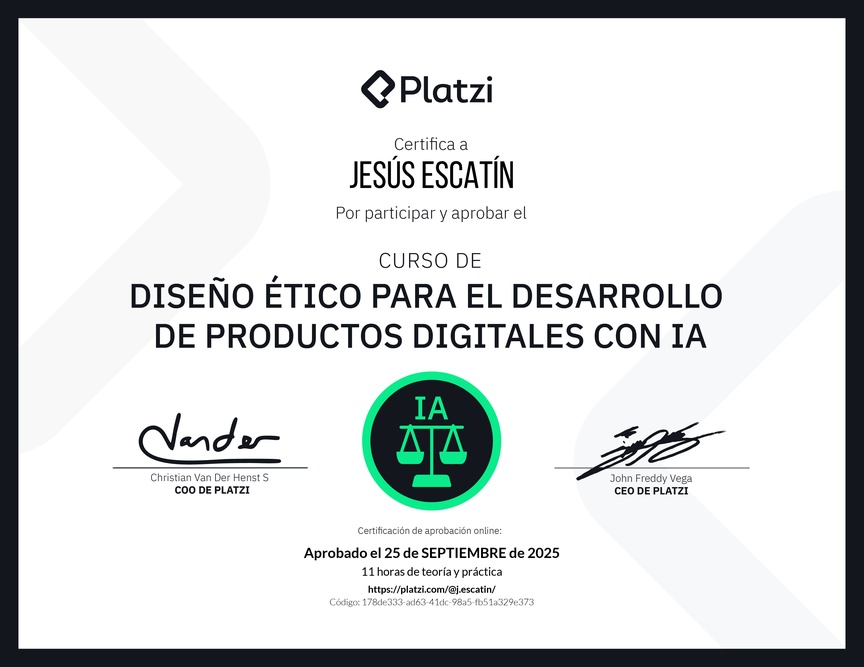 Diploma del Curso de Diseño Ético para el Desarrollo de Productos Digitales con IA