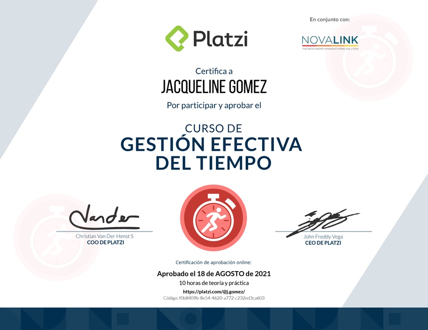 Diploma del Curso de Gestión Efectiva del Tiempo