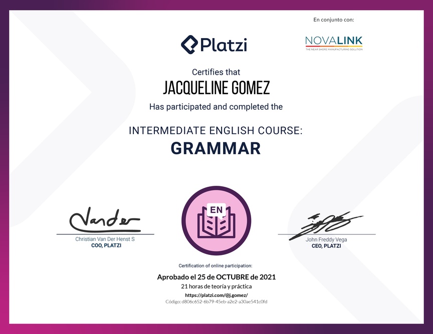 Diploma del Curso Intermedio de Gramática en Inglés (2020)