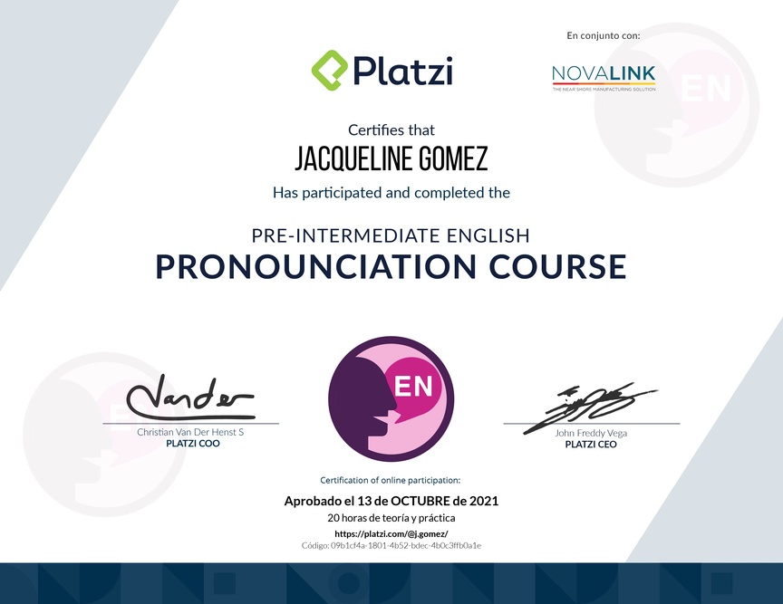 Diploma del Curso de Inglés Práctico: Pronunciación 2020