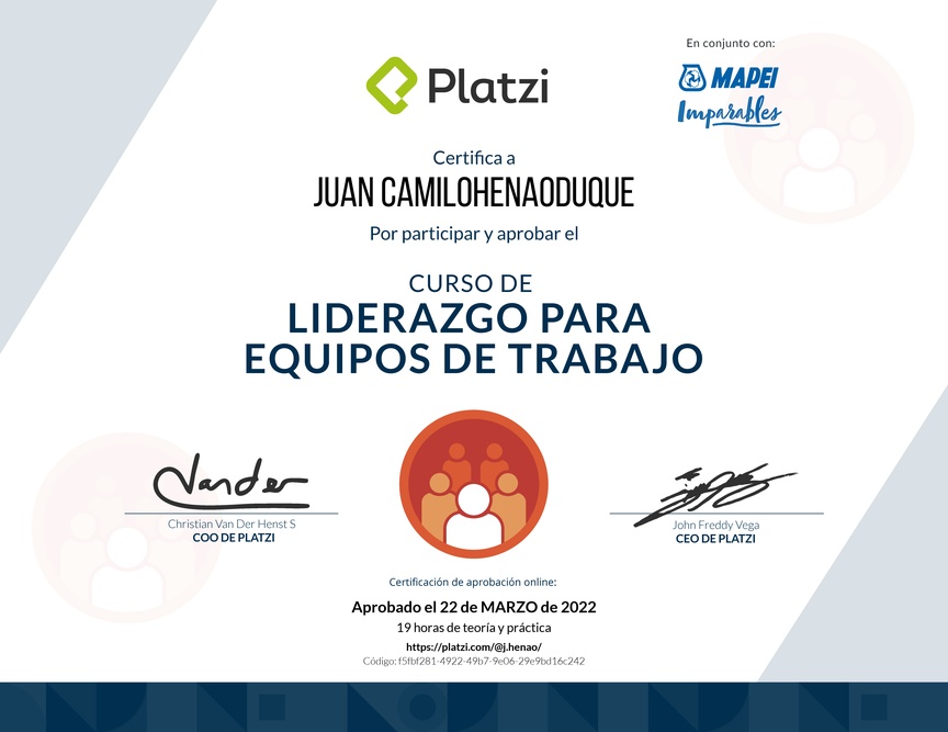 Diploma del Curso de Liderazgo para Equipos de Trabajo