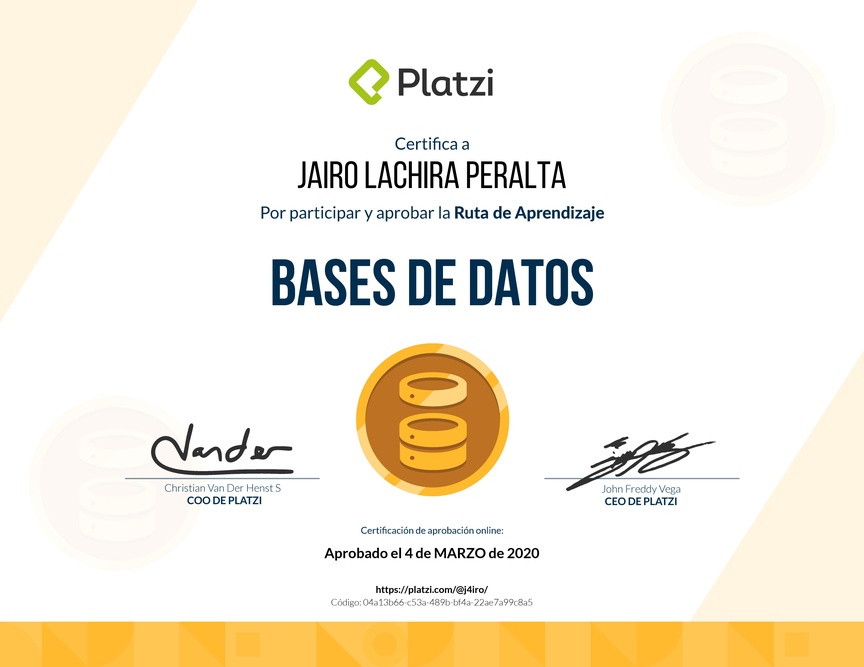 Diploma de la Ruta de Aprendizaje de Bases de datos desde cero