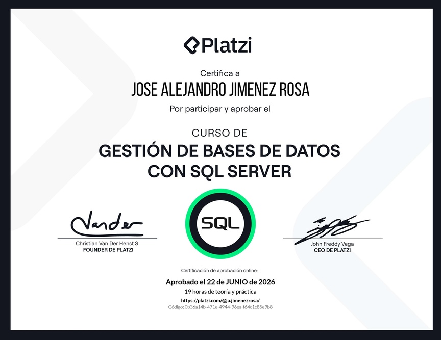 Diploma del Curso de Gestión de Bases de Datos con SQL Server