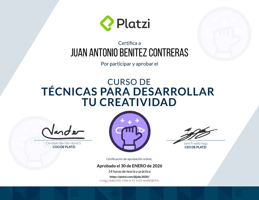 Diploma del Curso para Desarrollar tu Creatividad: Técnicas y Hábitos