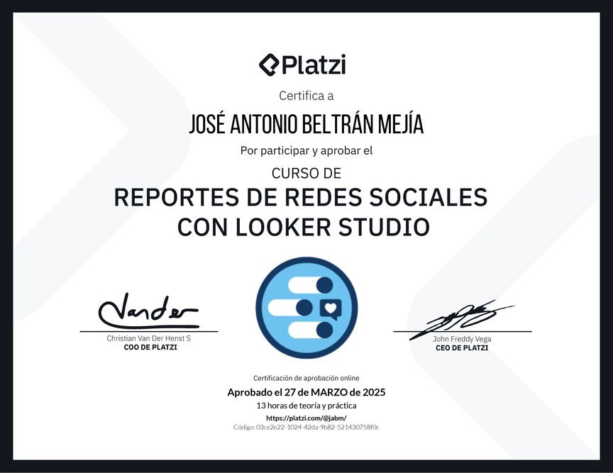 Diploma del Curso de Generación de Reportes de Redes Sociales con Looker Studio