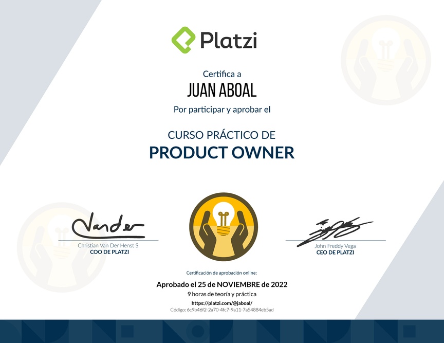 Diploma del Curso de Herramientas y Frameworks Intermedias para Product Owners