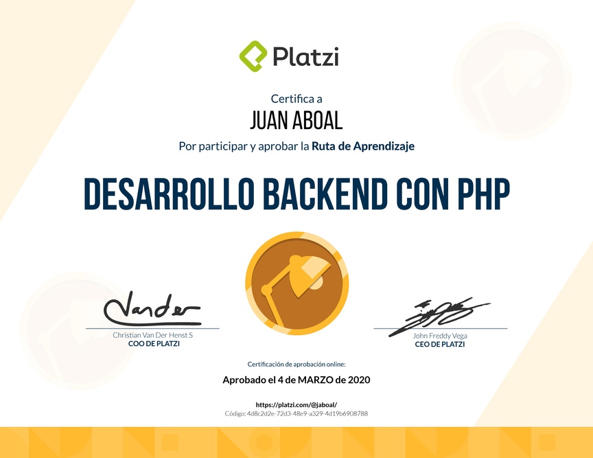 Diploma de la Ruta de Aprendizaje de Desarrollo Web Backend con PHP