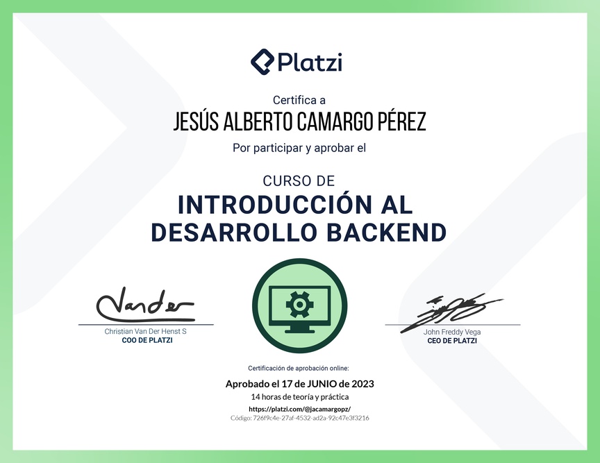 Diploma del Curso de Introducción al Desarrollo Backend