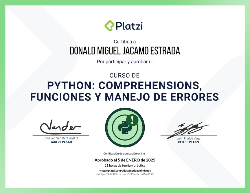 Diploma del Curso de Python: Comprehensions, Funciones y Manejo de Errores