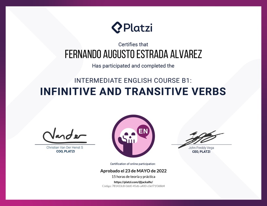 Diploma del Curso de Inglés Intermedio B1: Verbos Infinitivos y Transitivos (2021)